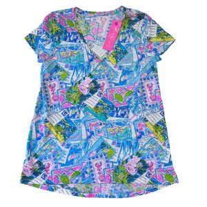 Lilly Pulitzer Etta V-Neck Top Wish You Were Here Print NWT Size S Bright Beach